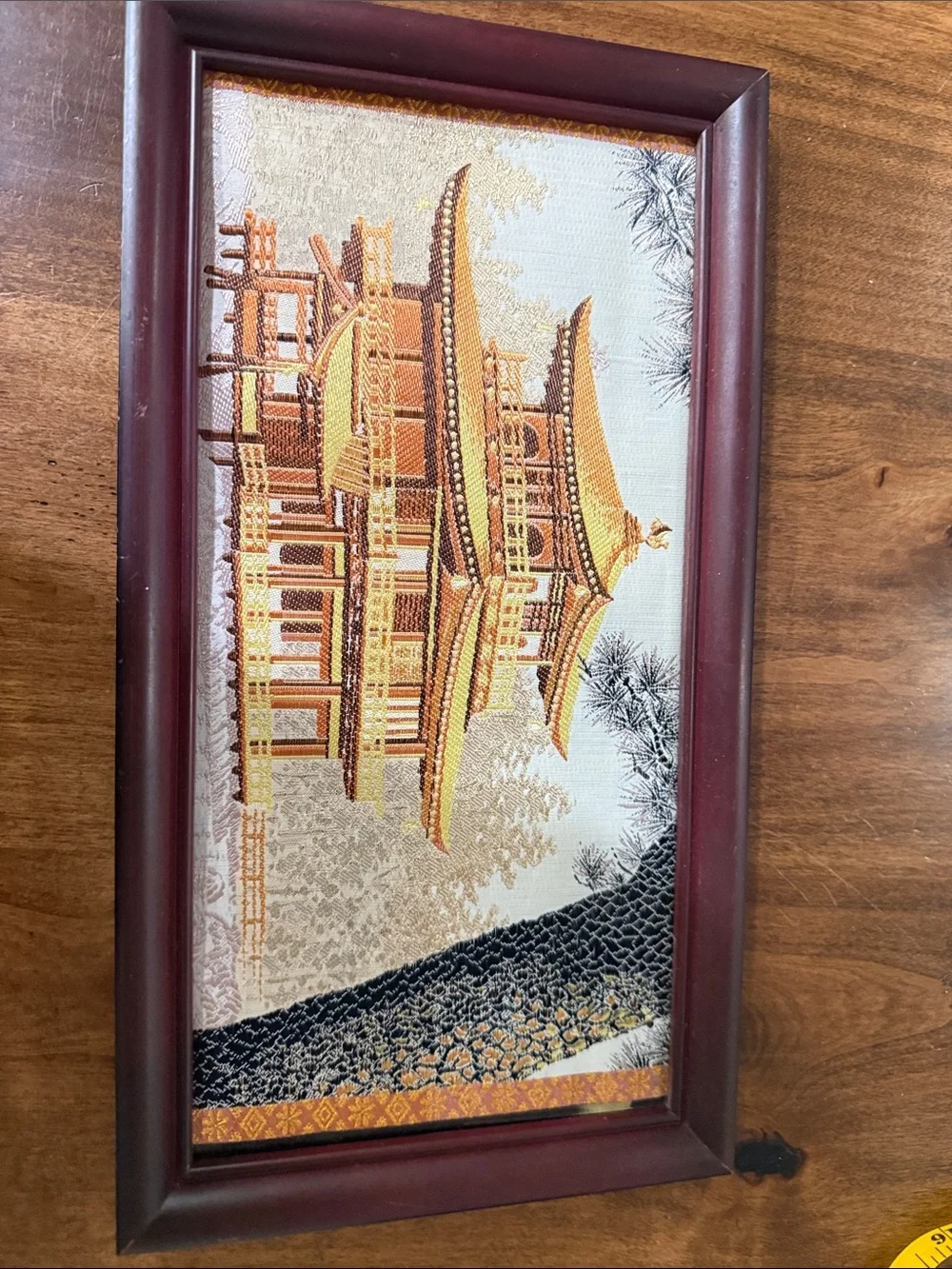 Framed Gold and Brown Pagoda Wall Art - Traditional Asian Temple silk cloth.